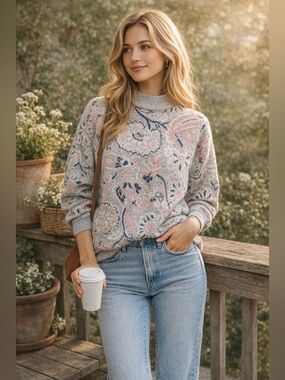 Vintage 80s Season Ticket Paisley Knit Sweater Pastel Pink Grey Cottagecore Boho